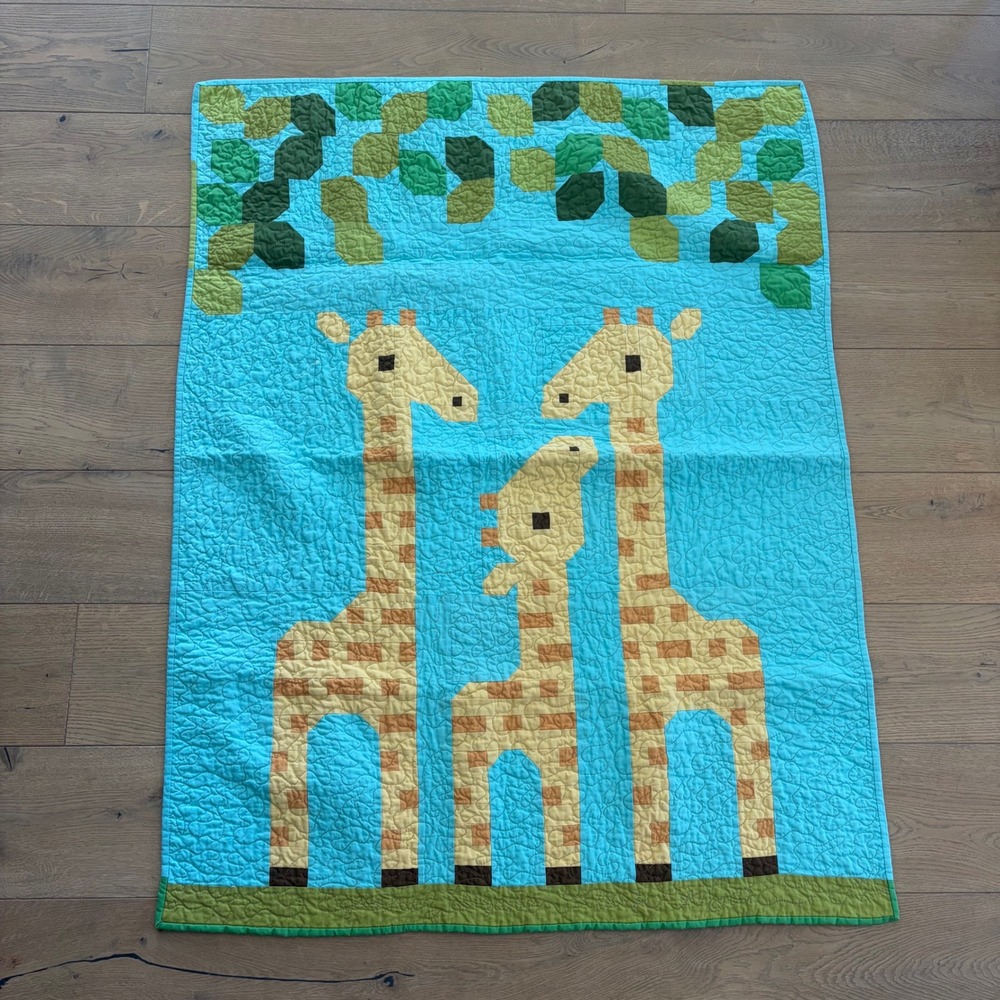 Handmade Giraffe Family Baby Quilt Patchwork Nursery Blanket Blue Yellow 38x49